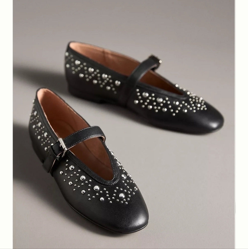 NWT Anthropologie Bibi Lou Studded Mary Jane Flats Black Size 39 EU 8/8.5 US.